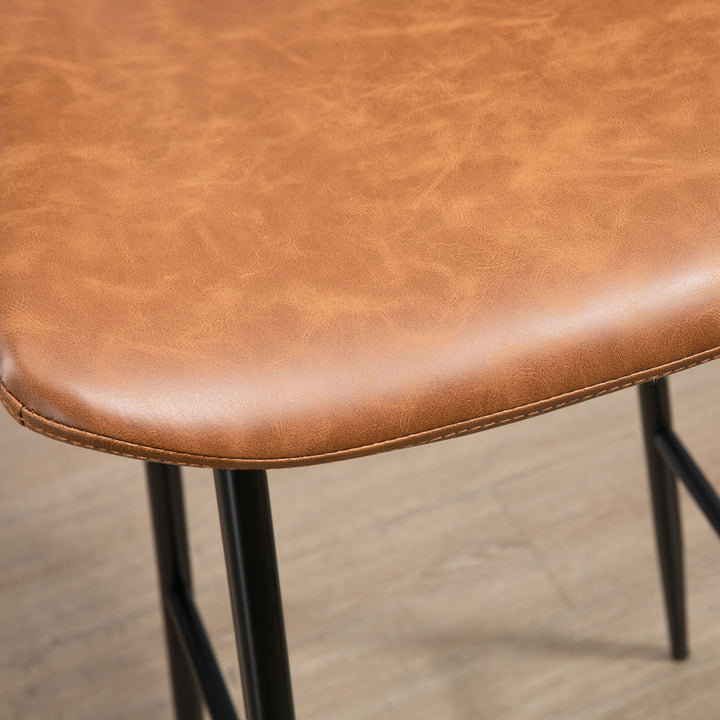 Bar Stools Set of 2, PU Leather Upholstered Bar Chairs, Breakfast Kitchen Counter Chairs with Backs, Steel Legs and Footrests for Dining Room, Brown