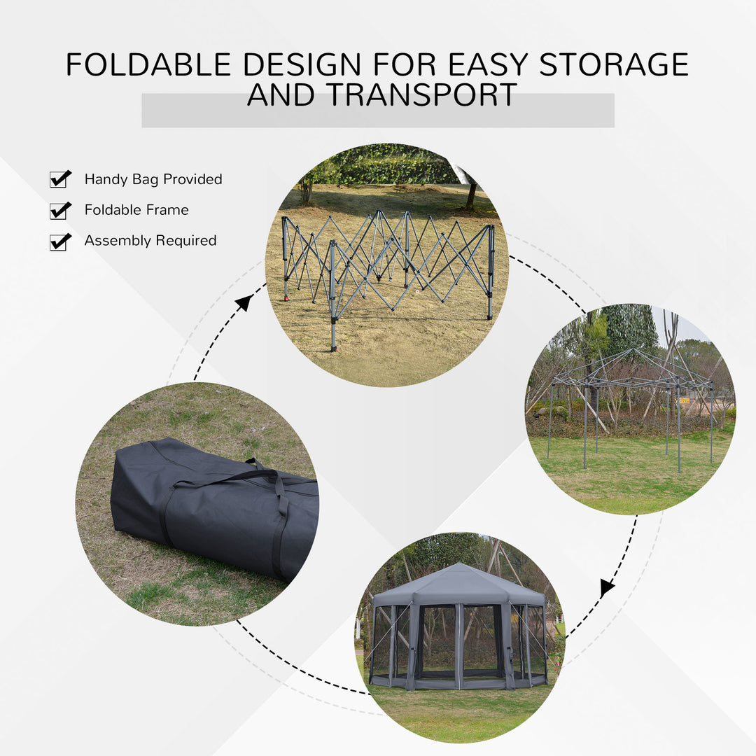 3.8m x 3.2m Pop Up Gazebo Hexagonal Canopy Tent Outdoor Sun Protection with 6 Mesh Sidewalls, Hand Bag, Grey