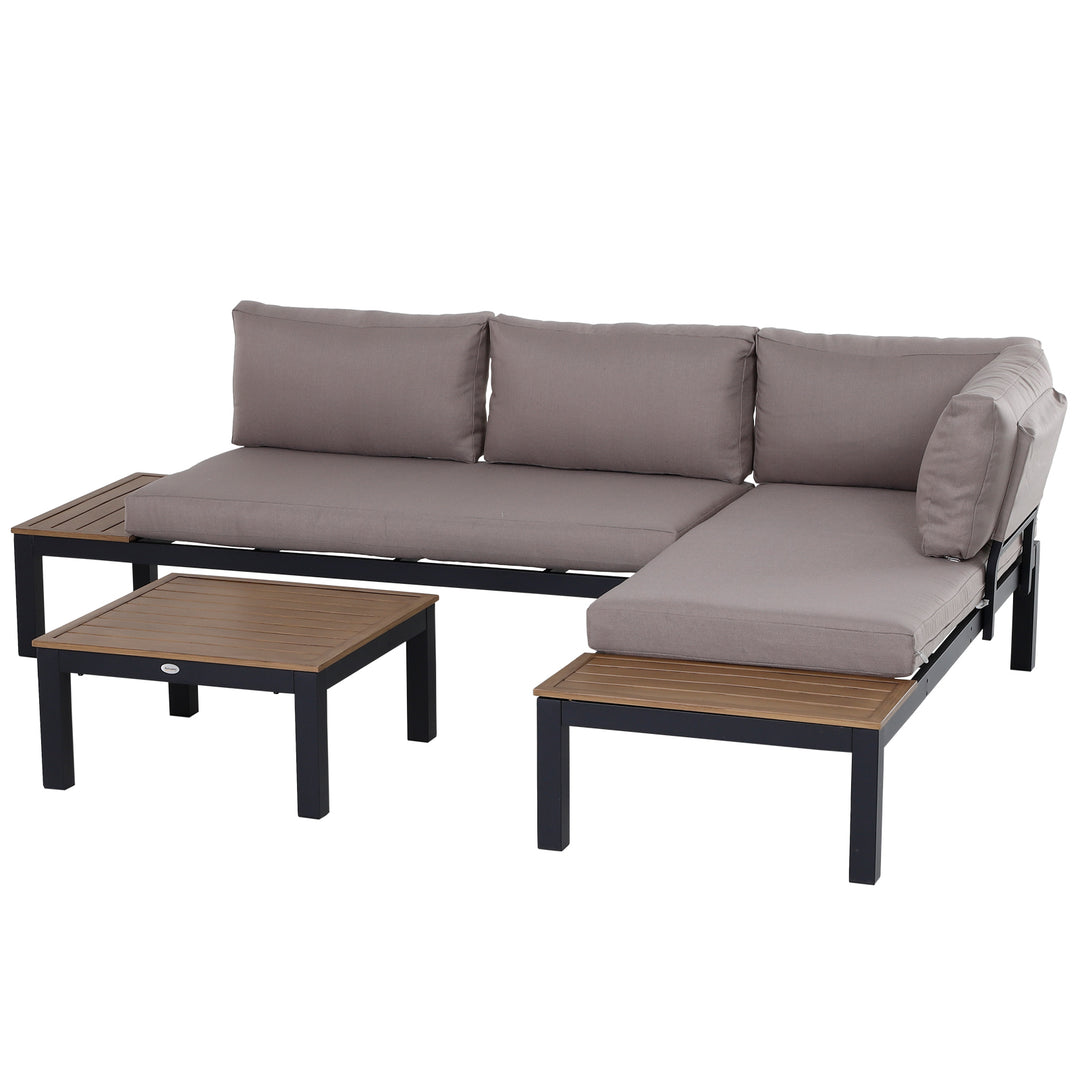 3 Pieces Garden Furniture Set, Aluminium 4 Seater Corner Sofa Set with 2 Loveseats, Coffee Table and Side Trays, Outdoor Conversation Furniture with Cushions for Garden, Black