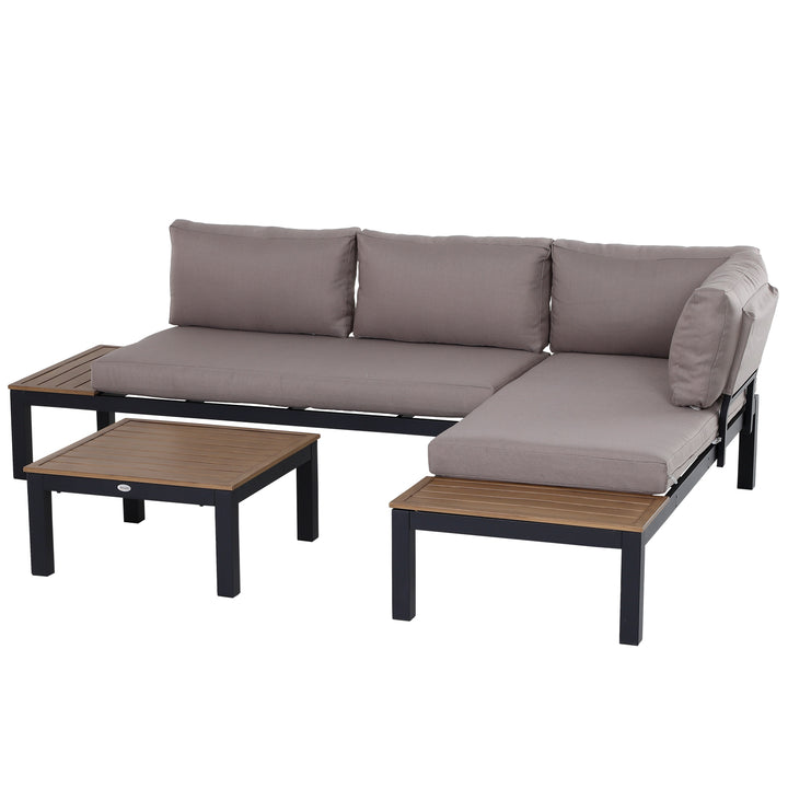 3 Pieces Garden Furniture Set, Aluminium 4 Seater Corner Sofa Set with 2 Loveseats, Coffee Table and Side Trays, Outdoor Conversation Furniture with Cushions for Garden, Black