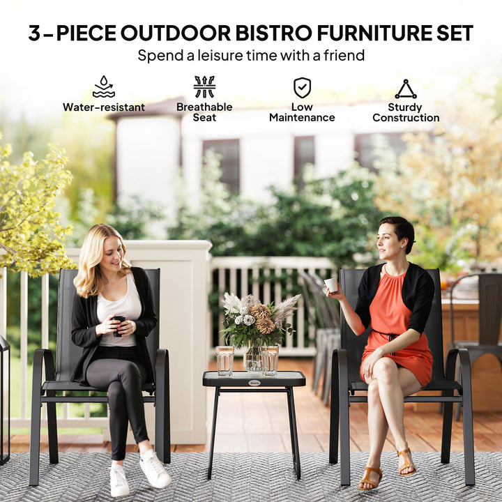 3 Pieces Outdoor Bistro Set, Patio Stackable Armchairs with Breathable Mesh Fabric and SPC Board Coffee Table, Black