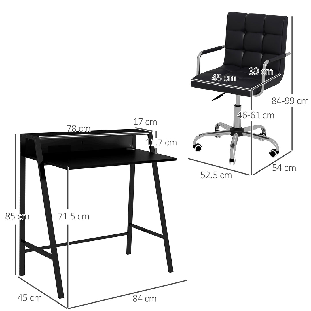 HOMCOM Office Chair and Desk Set, Faux Leather Swivel Chair with Wheels & Study Desk with Storage Shelf, Black