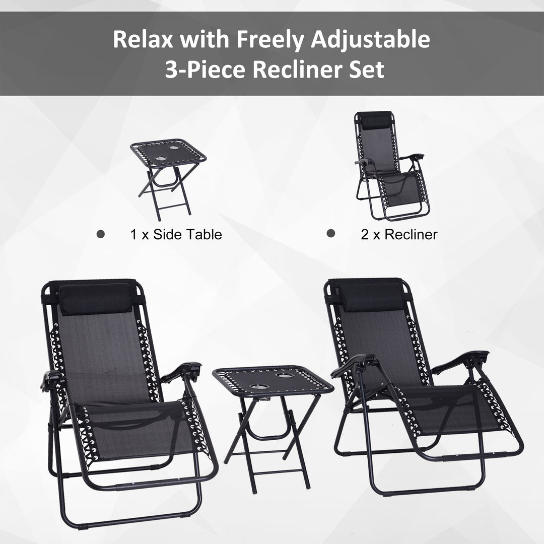 Outsunny 3pcs Folding Zero Gravity Chairs Sun Lounger Table Set w/ Cup Holders Reclining Garden Yard Pool, Black | Aosom UK