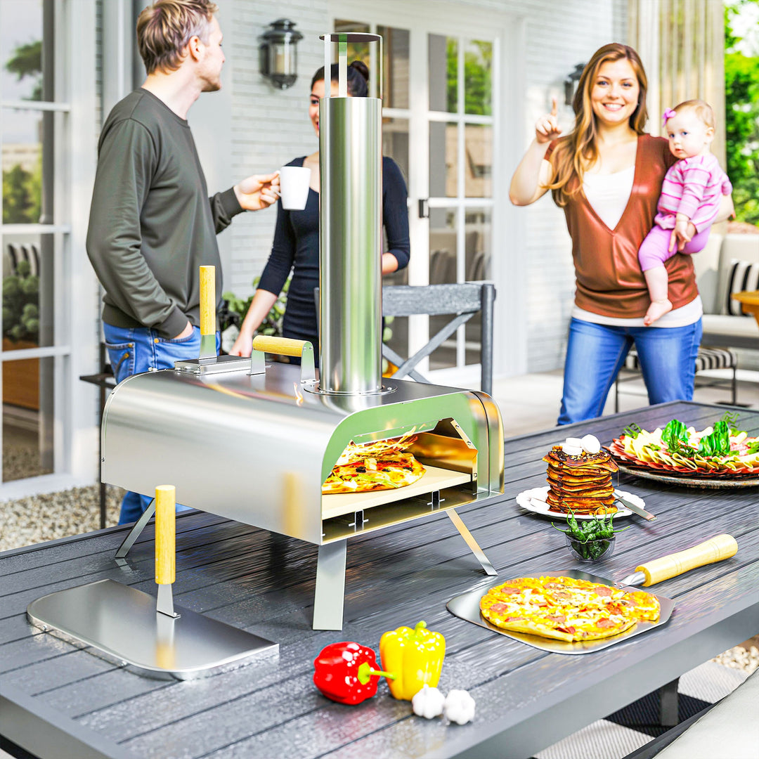 Outdoor Pizza Oven, Portable Wood Pellet Pizza Oven with Pizza Stone and Peel, Foldable Legs, Chimney, 12 Inch Wood Fired Pizza Maker for Outdoor Cooking, Stainless Steel