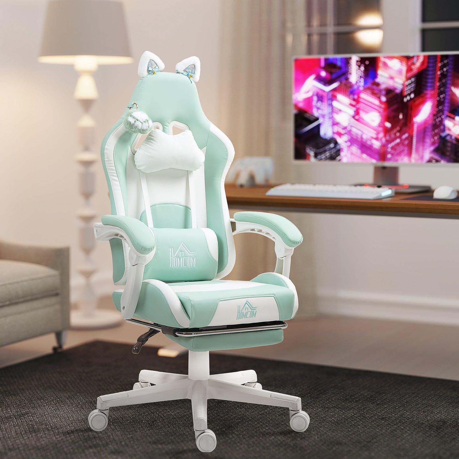 Cat Ear and Paw Reclining Office Chair, with Footrest - Light Blue/White