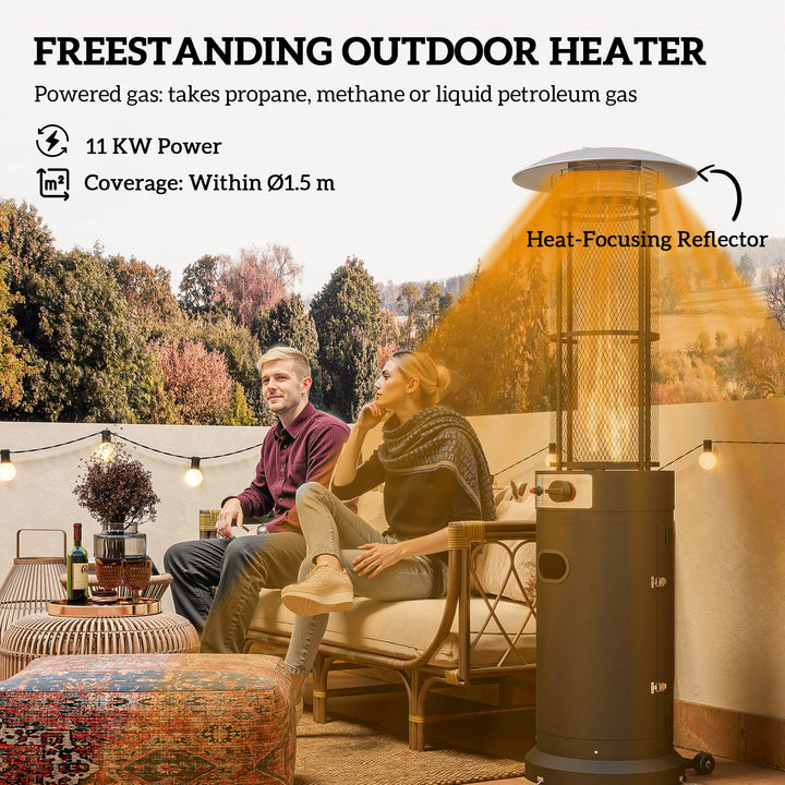 11 KW Freestanding Gas Patio Heater, Adjustable Outdoor Garden Propane Heater with Tip-Over Switch, Wheels, Pulse Ignition, Tank Room with Openable Door, Black