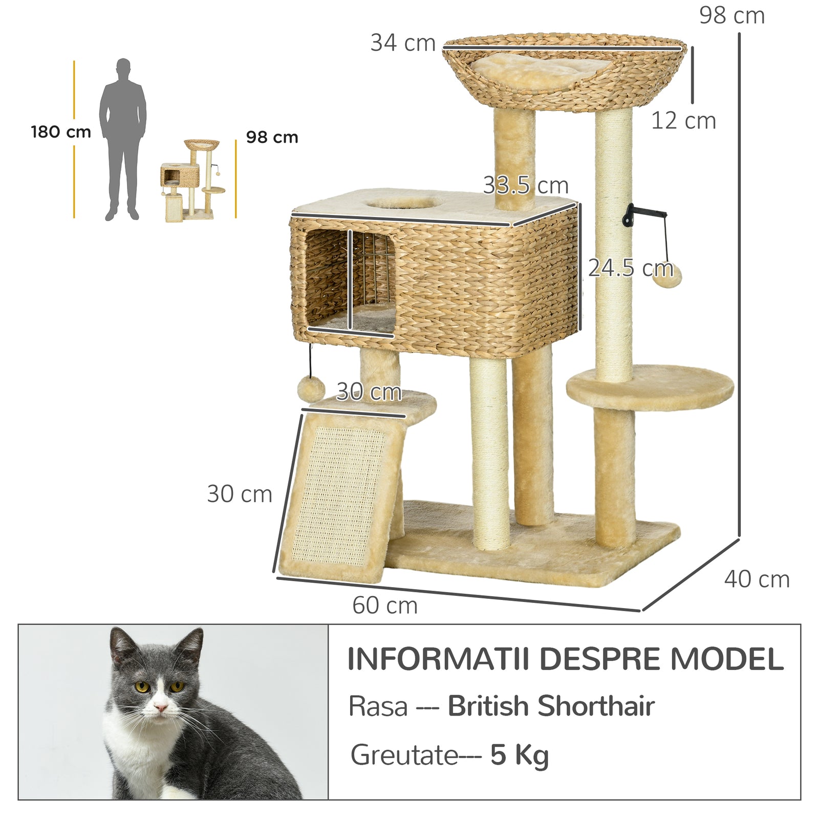 95cm Cat Tree Tower for Indoor Cats, with Scratching Post, Cat House, 