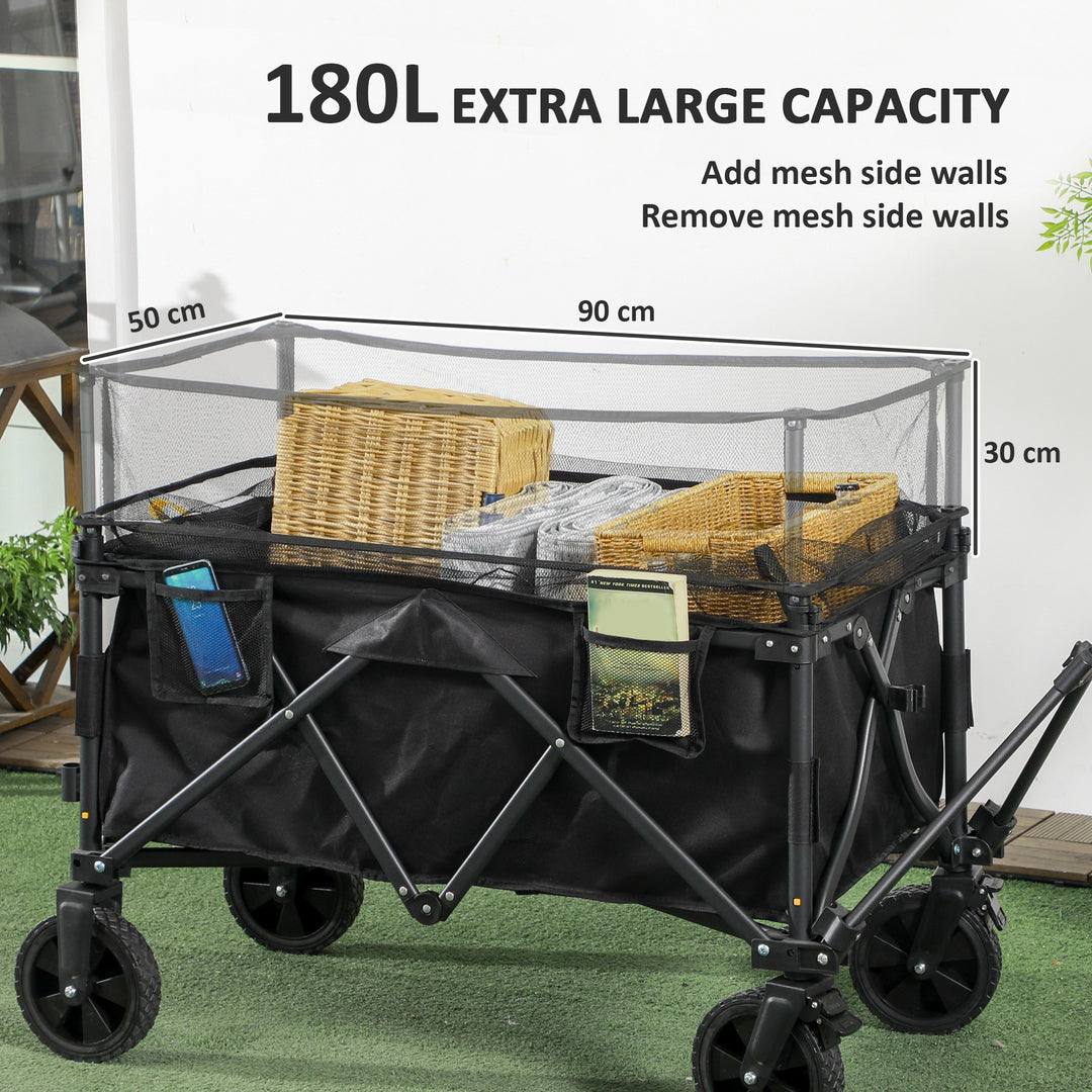 Folding Garden Trolley, 180L Wagon Cart with Extendable Side Walls, for Beach, Camping, Festival, Black