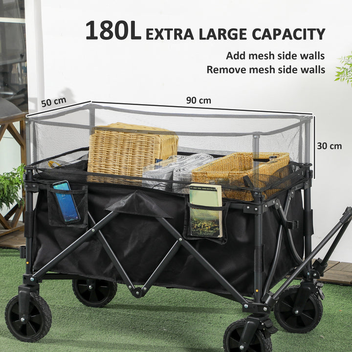Folding Garden Trolley, 180L Wagon Cart with Extendable Side Walls, for Beach, Camping, Festival, Black
