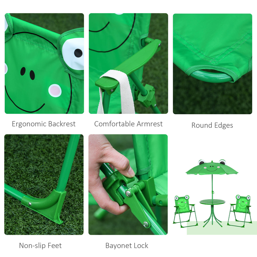 Outsunny Kids Outdoor Table and Chairs Garden Furniture Frog Pattern with Removable & Height Adjustable Sun Umbrella, Green