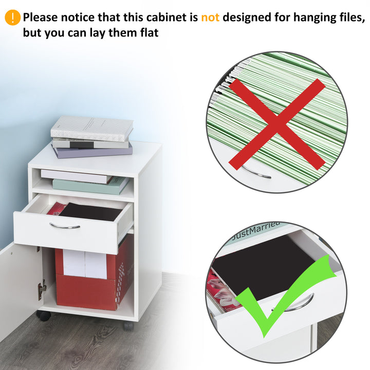 60cm Filing Cabinet with Drawer, Open Shelf, Metal Handles and 4 Wheels, Office Home Organiser Mobile Printer, White
