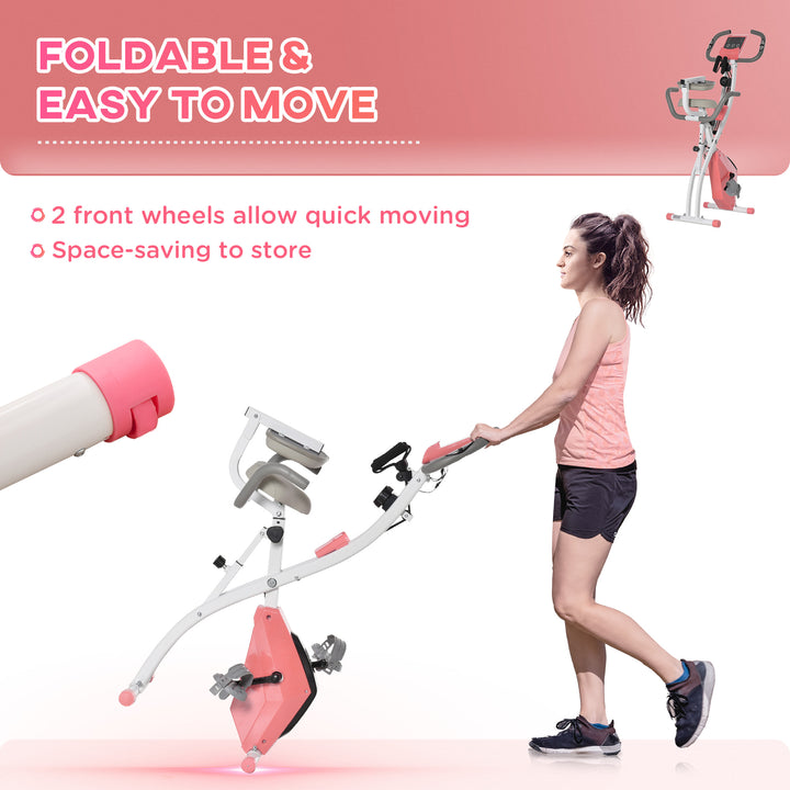 HOMCOM 2-in-1 Upright Exercise Bike Stationary Foldable Magnetic Recumbent Cycling with Arm Resistance Bands Pink | Aosom UK