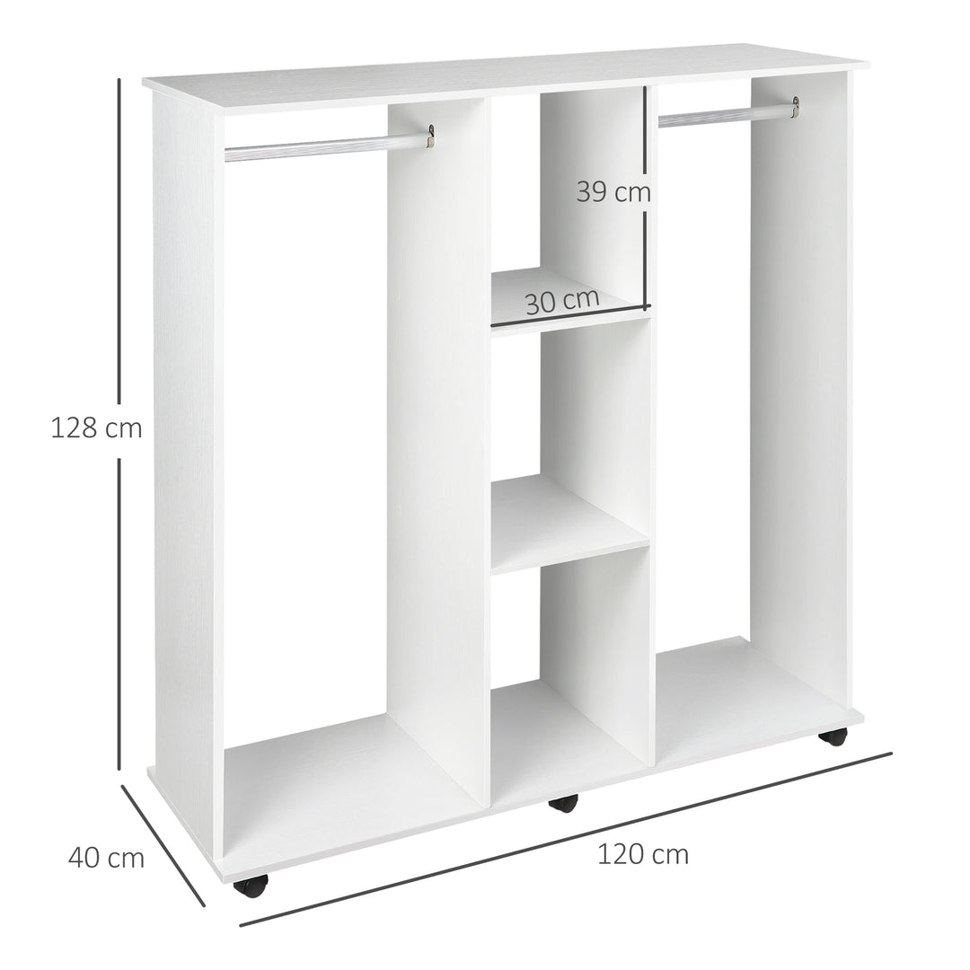 HOMCOM Double Mobile Open Wardrobe With Clothes Hanging Rails Storage Shelves Organizer Bedroom Furniture - White