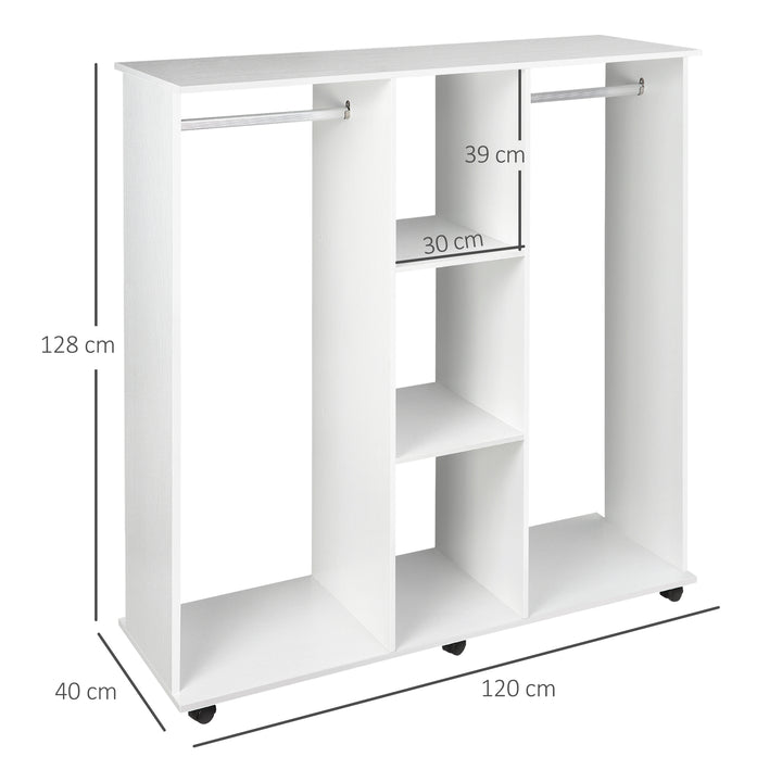 Open Wardrobe Double Mobile Storage Shelves Organizer W/6 Wheels-White