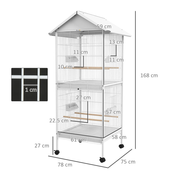 PawHut Budgie Cage with Rolling Stand, Perches, Wheels, Large Parrot Cage for Finch, Canary, Budgie, Cockatiel, White