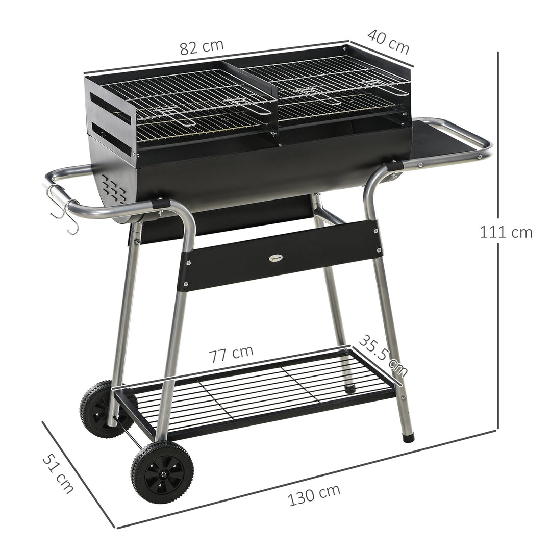 Charcoal Barbecue Grill BBQ Trolley with Double Grill, Adjustable Grill Height, Side Table, Storage Shelf, and Wheels for Outdoor Cooking, 130 x 51 x 111cm, Black