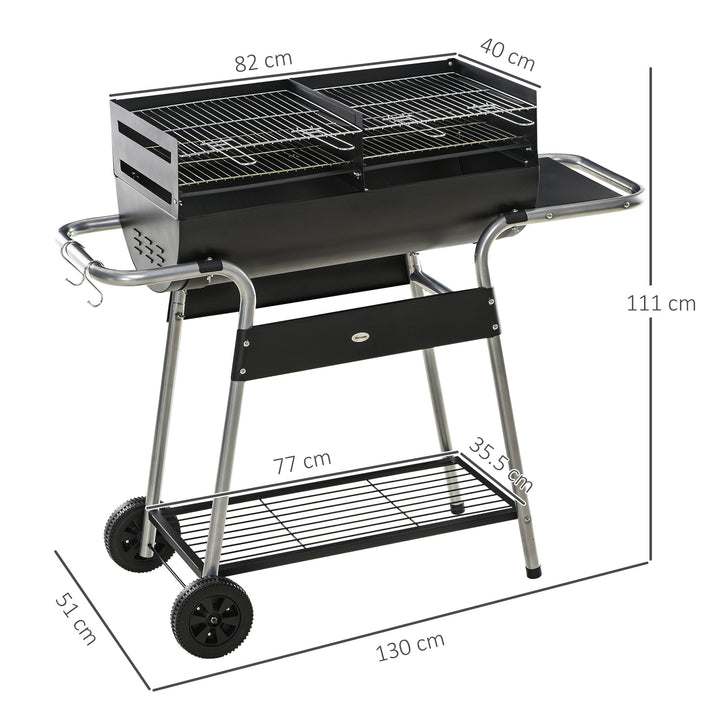 Charcoal Barbecue Grill BBQ Trolley with Double Grill, Adjustable Grill Height, Side Table, Storage Shelf, and Wheels for Outdoor Cooking, 130 x 51 x 111cm, Black