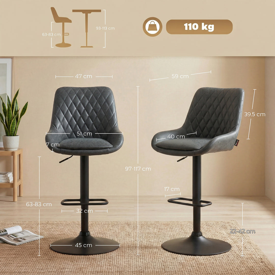 Set of Two Faux Leather Retro Bar Stools - Black