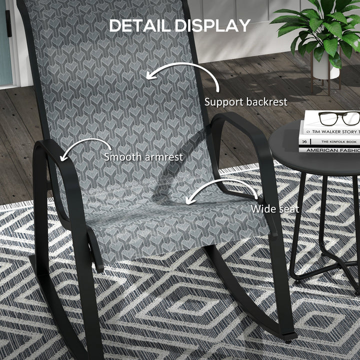 Outsunny 3 Piece Outdoor Rocking Set with 2 Armchairs and Metal Top Coffee Table, Patio Bistro Set with Curved Armrests, Breathable Mesh Fabric Seat for Garden, Deck, Mixed Grey
