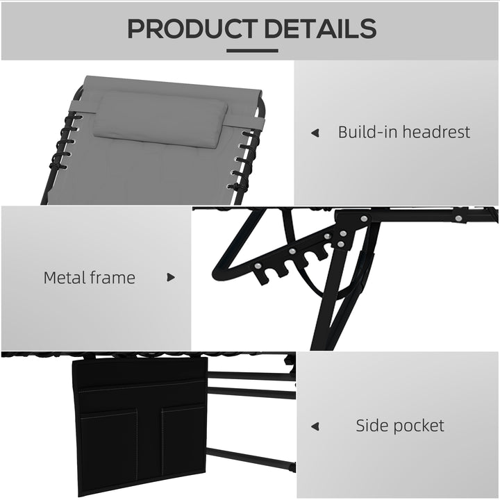 Foldable Sun Lounger with 5-level Reclining Back, Outdoor Tanning Chair Sun Lounger with Build-in Padded Seat, Side Pocket, Headrest for Beach, Yard, Patio, Grey