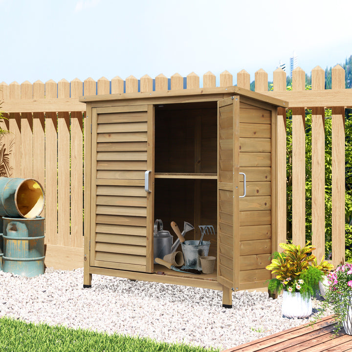Garden Shed Wooden Garden Storage Shed 2 Door Unit Solid Fir Wood Garage Tool Organisation Cabinet, 87L x 46.5W x 96.5Hcm, Natural