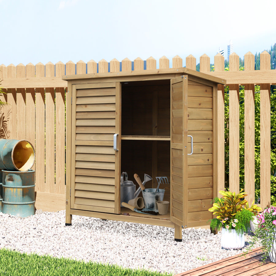 Garden Shed Wooden Garden Storage Shed 2 Door Unit Solid Fir Wood Garage Tool Organisation Cabinet, 87L x 46.5W x 96.5Hcm, Natural