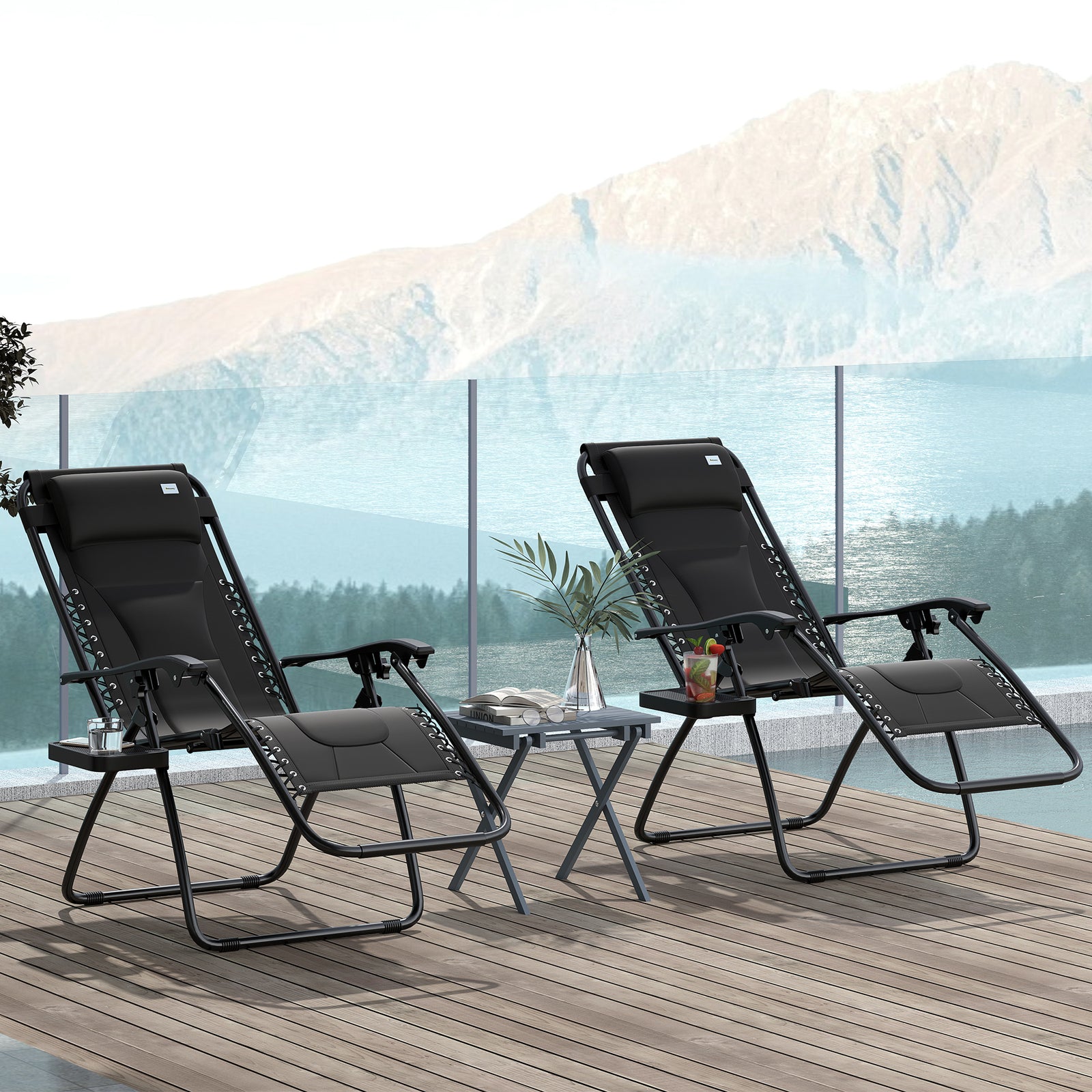 Zero Gravity Lounger Chair Set of 2, Folding Reclining Patio Chair with Padded Seat, Cup Holder, Soft Cushion and Headrest for Poolside, Camping, Black