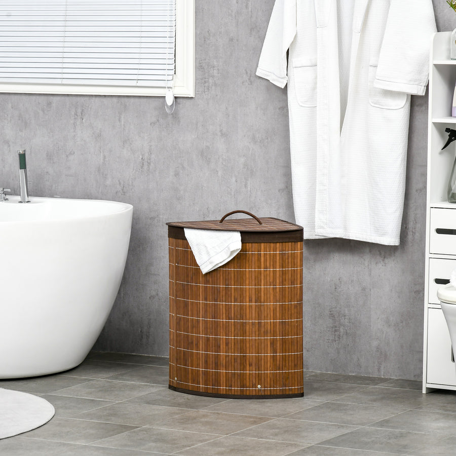 Bamboo Laundry Basket with Lid, 55 Litres Laundry Hamper with Removable Washable Lining, Corner Washing Baskets, 38 x 38 x 57cm, Brown