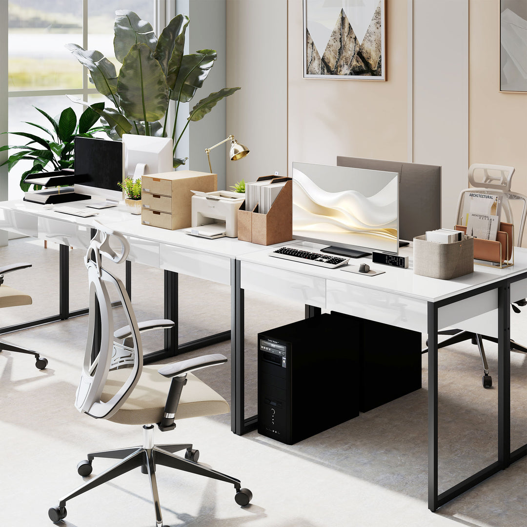 High Gloss Work Table, with Drawers - White