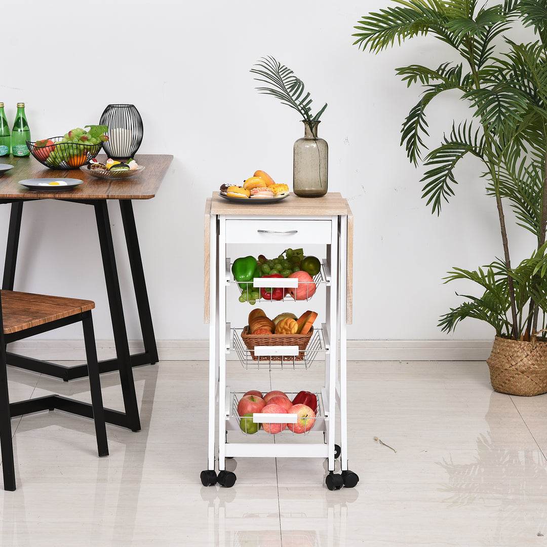 Drop-Leaf Kitchen Cart Trolley w/ 3 Baskets Drawer Surface Top 6 Universal Wheels Rolling Storage Unit Kitchen Home Dining Island White Oak Tone