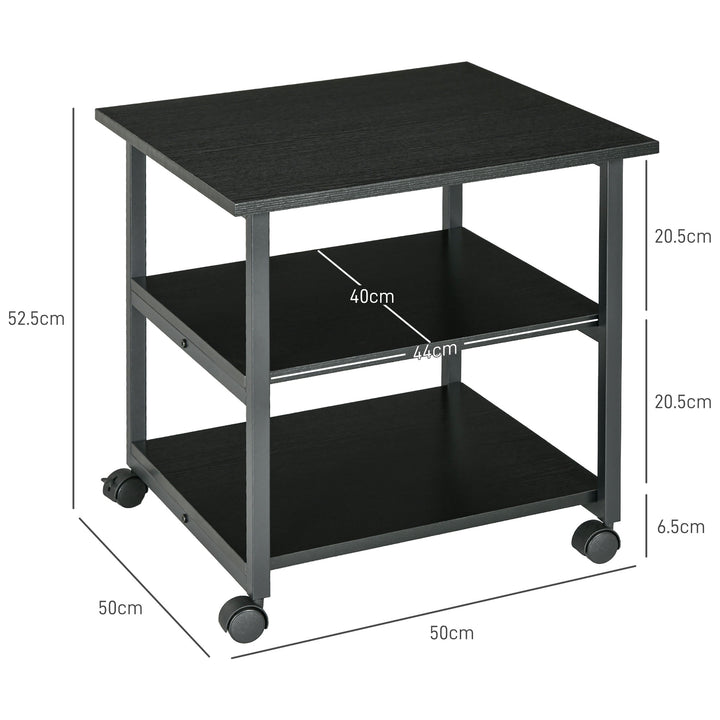 HOMCOM 3-Tier Printer Stand with Storage Shelf, Mobile Printer Table on Wheels, 50 x 50 x 52.5cm Rolling Printer Cart for Office, Black | Aosom UK