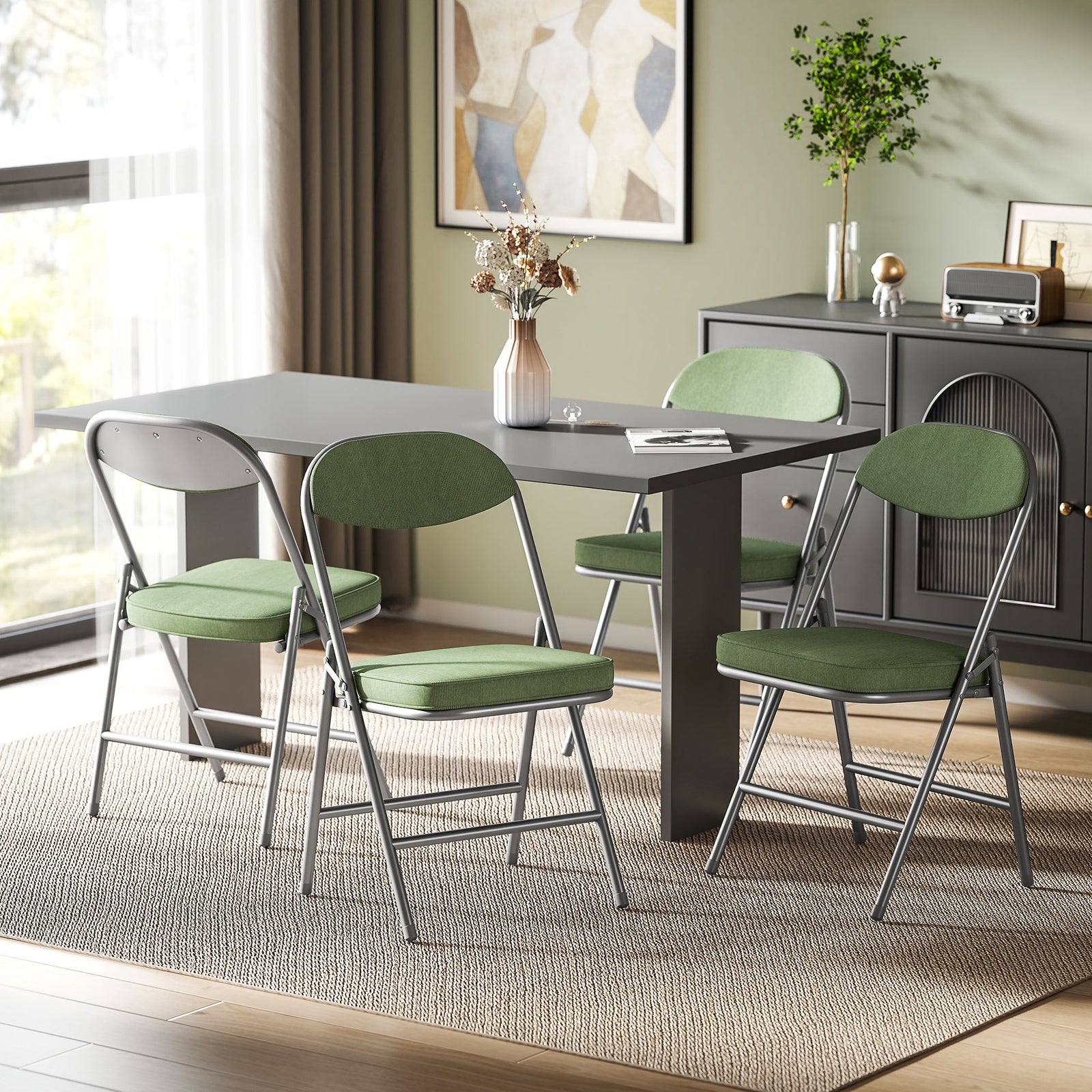 Set of Four Folding Corduroy Seat Chairs - Green