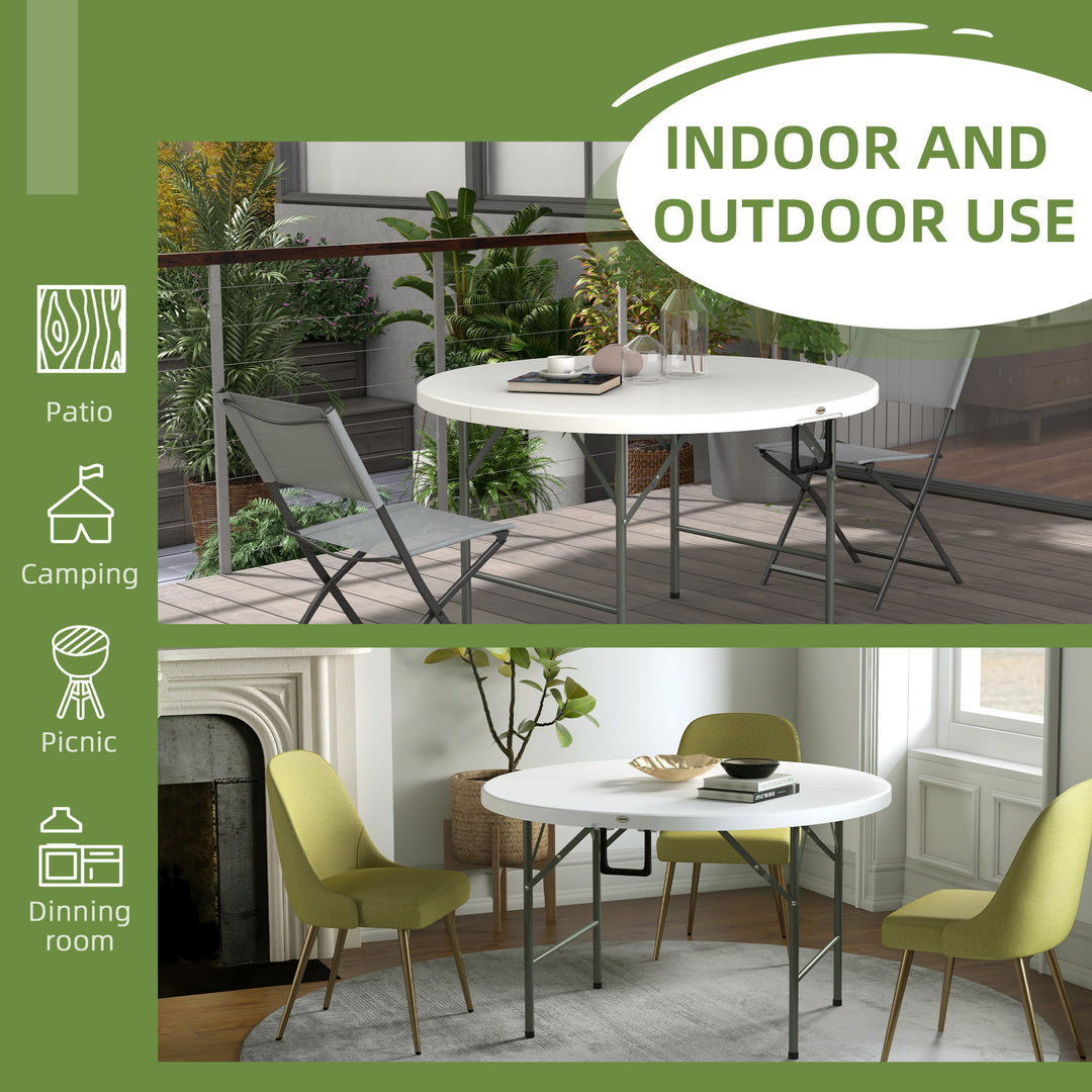 Folding Garden Table, Φ122 cm Round HDPE Outdoor Picnic Table for 6, Metal Frame for Patio, Park, White