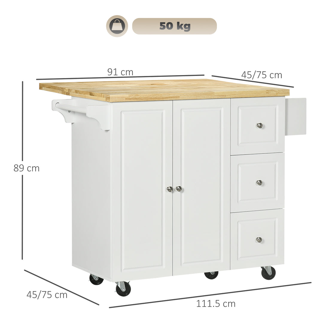 Drop-Leaf Kitchen Island on Wheels with Extendable Rubber Wood Worktop, Rolling Kitchen Storage Trolley, Utility Storage Cart with Drawers & Cabinet for Kitchen, Dining & Living Room, White