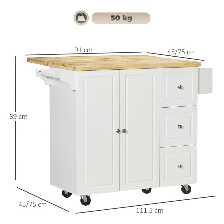 Drop-Leaf Kitchen Island on Wheels with Extendable Rubber Wood Worktop, Rolling Kitchen Storage Trolley, Utility Storage Cart with Drawers & Cabinet for Kitchen, Dining & Living Room, White