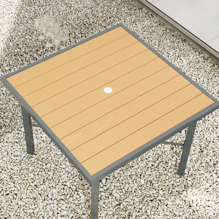 Garden Table for 4, 90 cm Rectangular Outdoor Dining Table with 4.2 cm Umbrella Hole, Wood Effect Top, Rust Resistant Frame, for Patio, Balcony, Terrace, Natural Wood Finish
