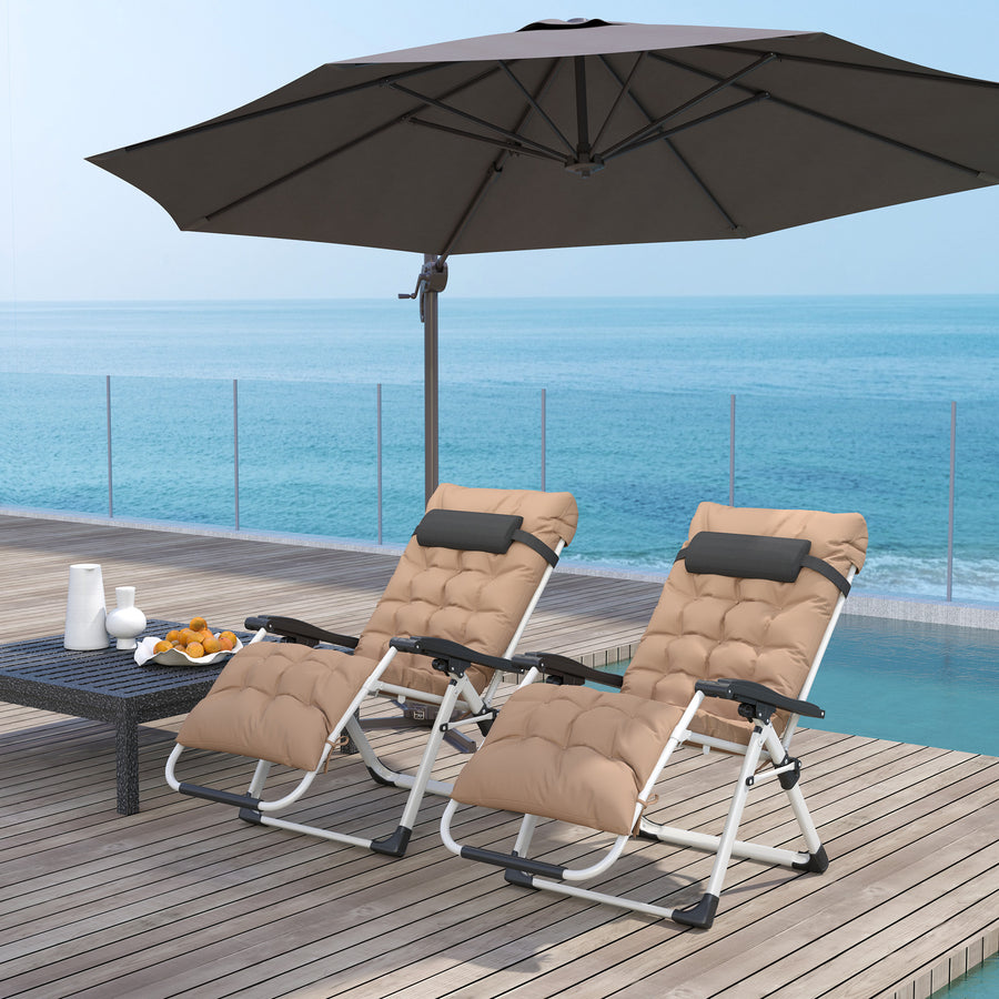 2 Piece Reclining Zero Gravity Sun Loungers with Cushions, Khaki