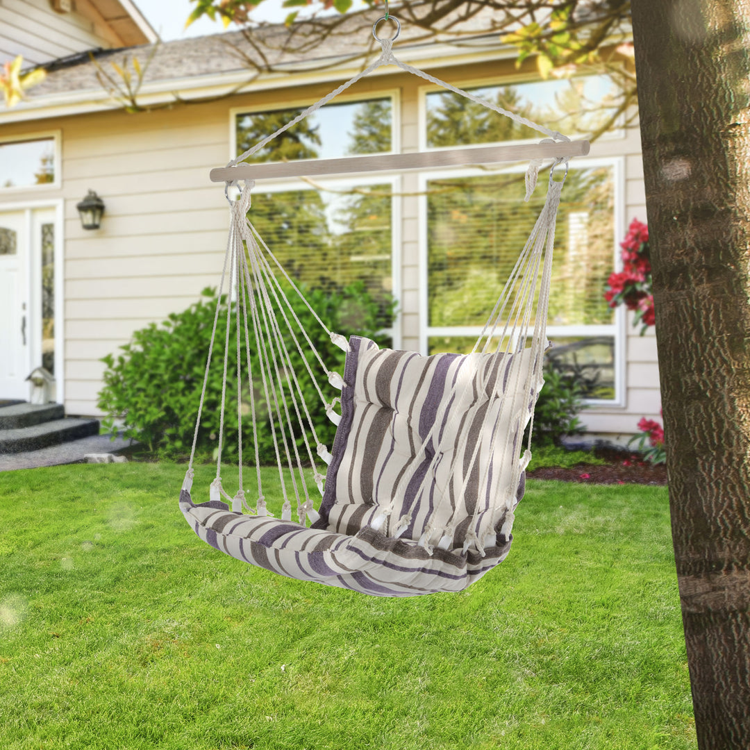 MCL Outdoor Hanging Rope Chair with Soft Padded Seat & Backrest, Garden Hammock Chair with Wooden Support Bar Cotton Cloth, Portable Garden Chair for Patio & Tree, Brown