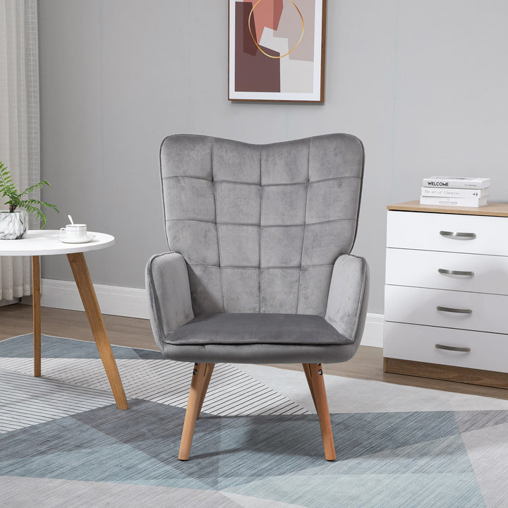MCL Modern Accent Chair, Upholstered Tufted Wingback Armchair with Seat Padding, Velvet Leisure Lounge Bedroom Chair with Wood Legs, Grey