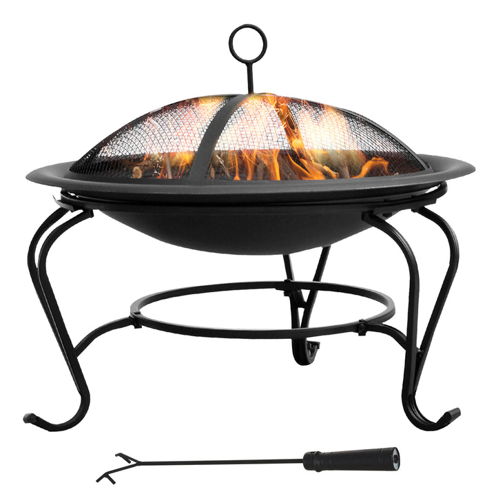 MCL Metal Firepit Bowl Outdoor Round Fire Pit w/ Lid, Log Grate, Poker for Backyard, Camping, BBQ, Bonfire, Wood Burning Stove, 56 x 56 x 45cm, Black