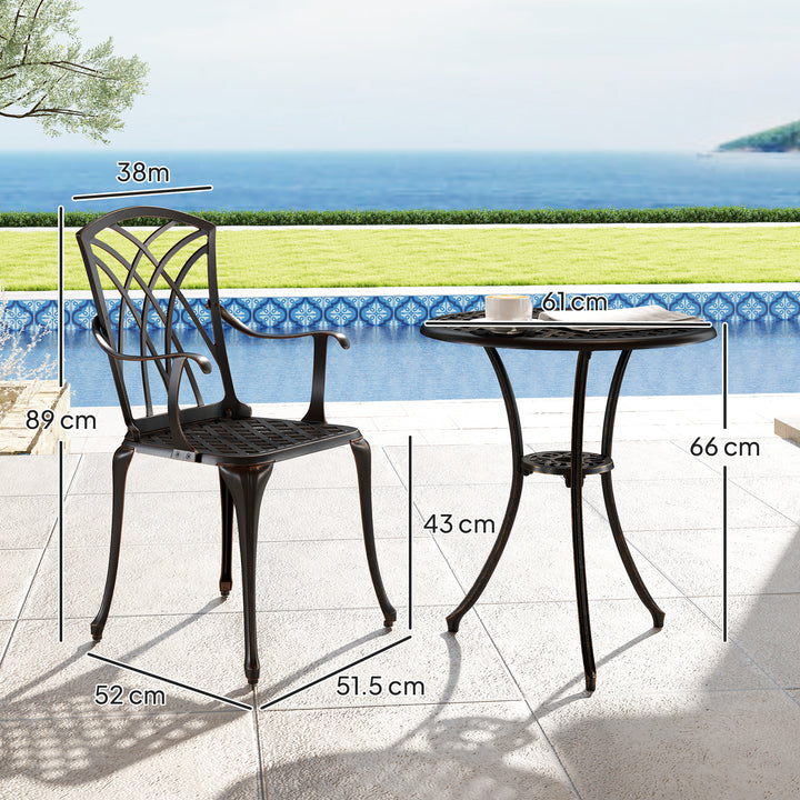 3 Pieces Garden Dining Set for 2, Cast Aluminium Outdoor Dining Set with 2 Armchairs and Round Dining Table with Parasol Hole, Garden Furniture Set, Bronze Tone