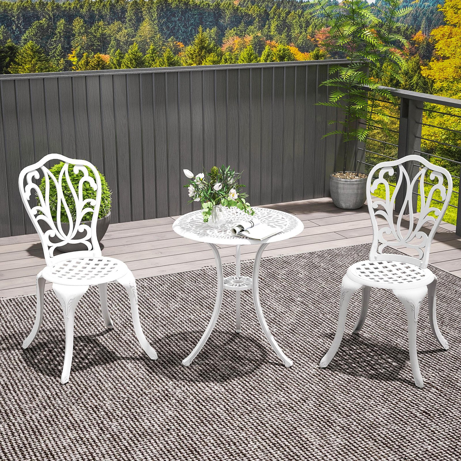 3 Piece Garden Bistro Set, Cast Aluminium Outdoor Furniture Set with Umbrella Hole for Balcony, Porch, Patio, White