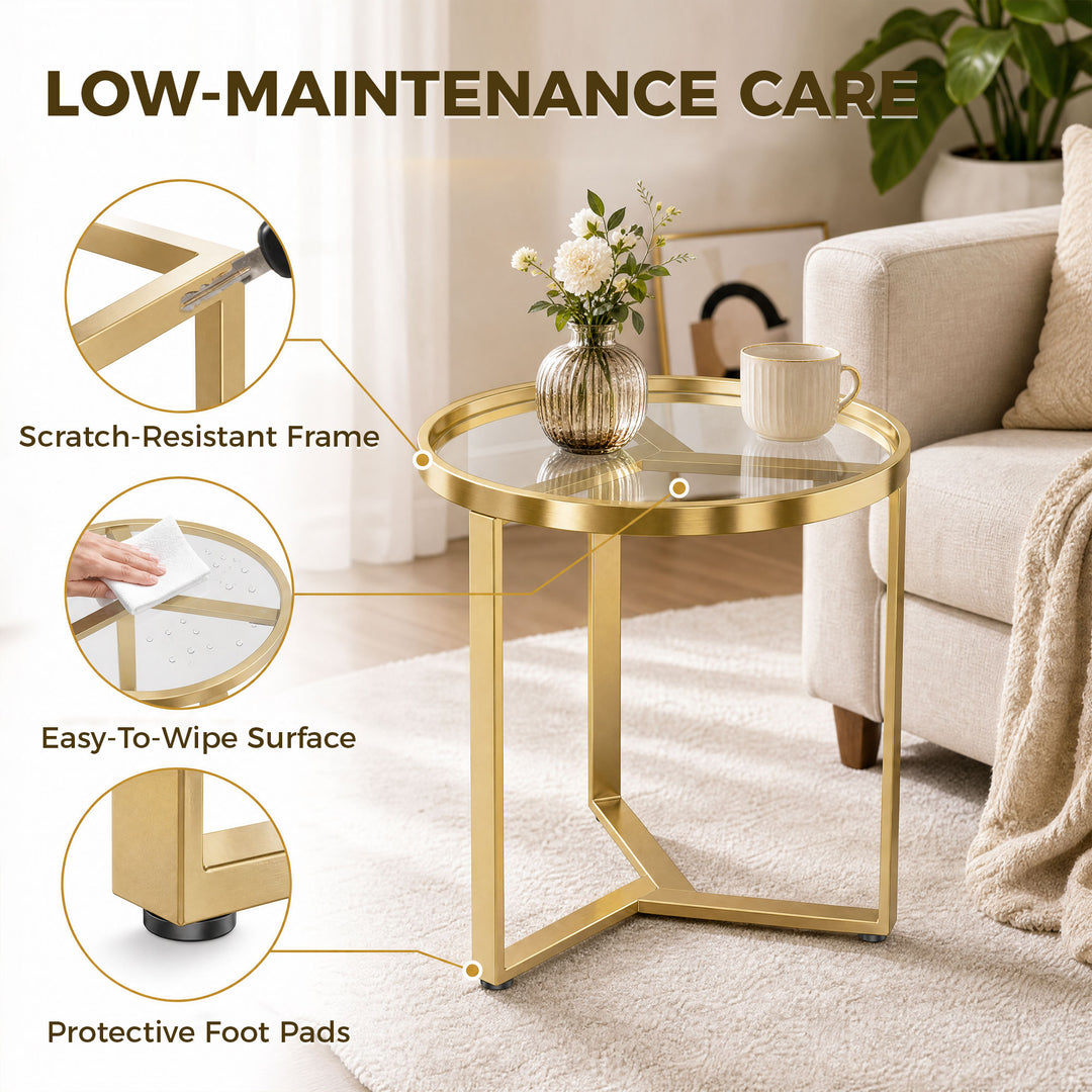 Round Side Table with Tempered Glass Top and Geometric Metal Frame for