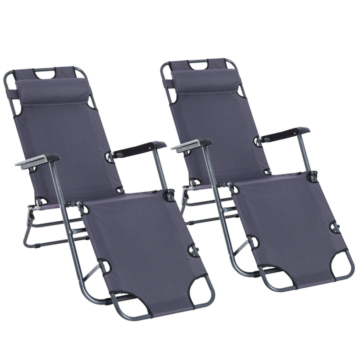 2 in 1 Folding Sun Lounger Reclining Garden Chair Set of 2 with 2-Level Adjustable Backrest, Outdoor Zero Gravity Recliner Garden Chairs with Head Pillow and Armrests, Grey