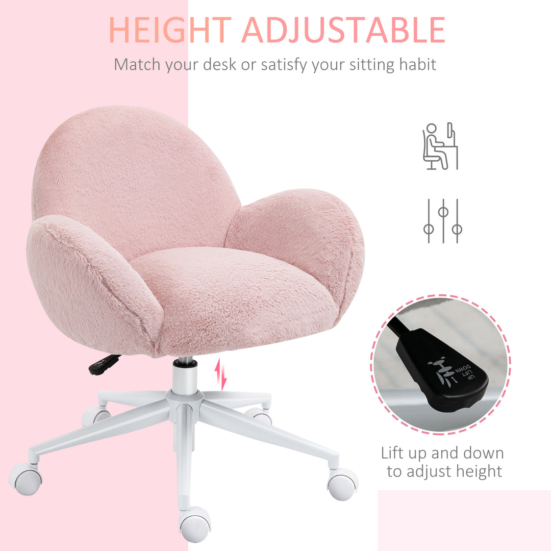 HOMCOM Fluffy Leisure Home Office Chair with Backrest and Armrest, Makeup Chair with Wheels for Bedroom Living Room, Pink | Aosom UK