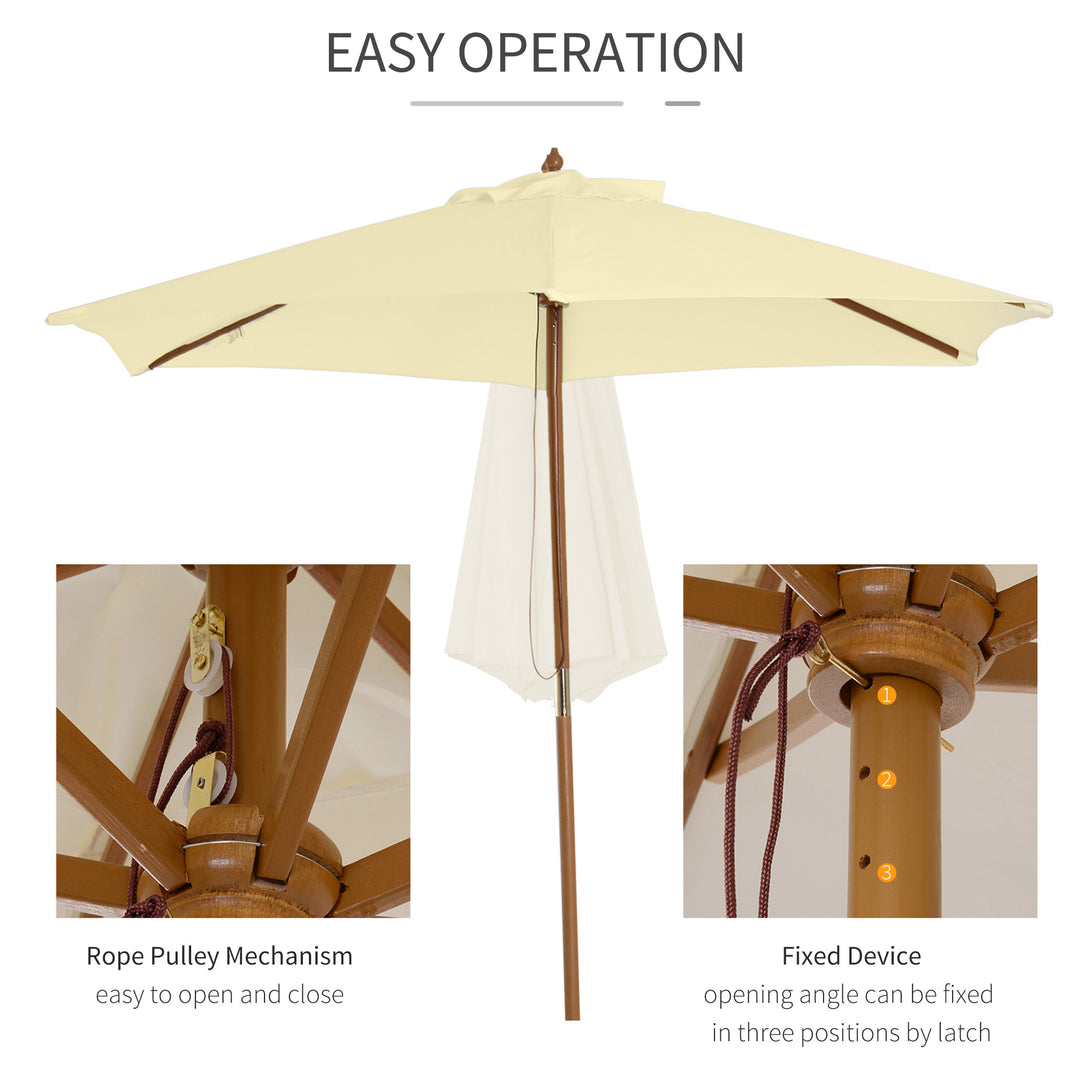 2.5m Wood Garden Parasol Sun Shade Patio Outdoor Wooden Umbrella Canopy, Table Market Umbrella with Vent, 38mm Pole, Rope Pulley Mechanism, Cream White