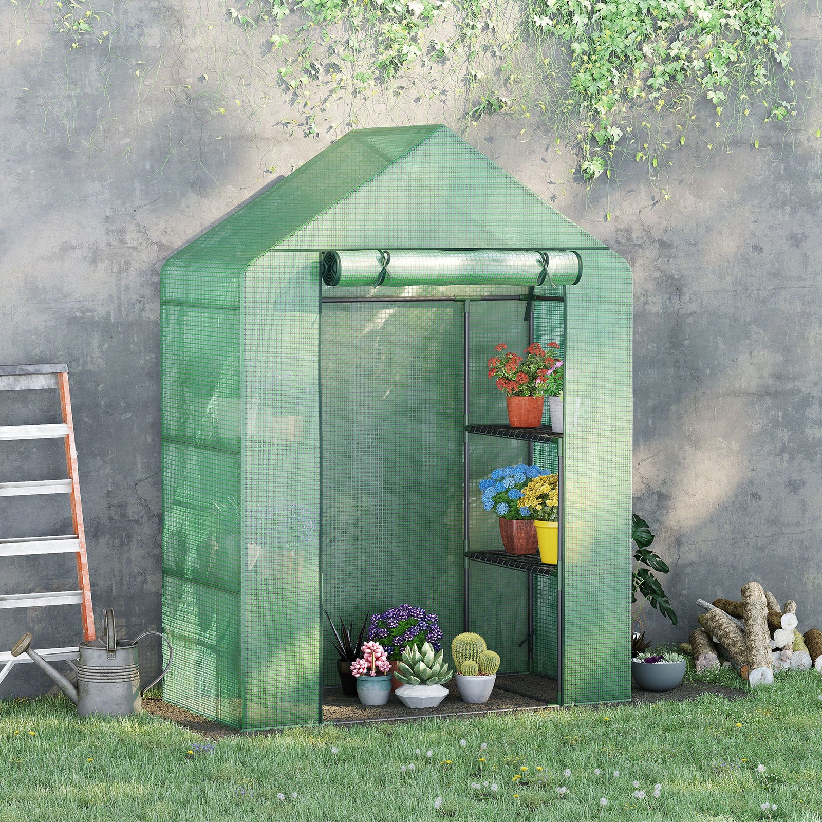 Walk In Greenhouse with Shelves, Portable Gardening Plant Grow House for Outdoor with 2 Tier Shelf, Roll-Up Zippered Door, PE Cover, 141 x 72 x 191cm, Green