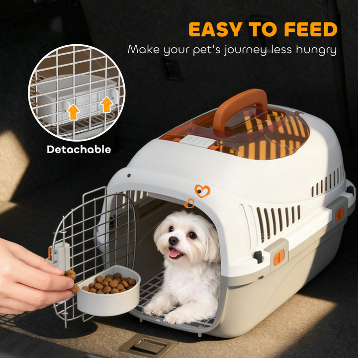 Plastic Pet Carrier Hard Shell Dog Cat Carrier Max 4 KG Steel Door Feed Bowl Secure Lock 49 x 32 x 31 cm