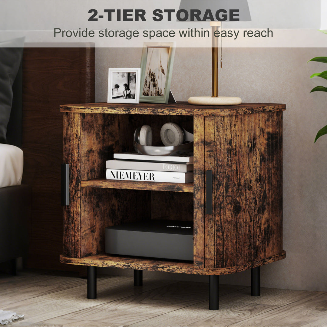 Bedside Table, Nordic Side Table with Roller Shutter Style Sliding Doors and Metal Legs for Bedroom, Living Room, Rustic Brown