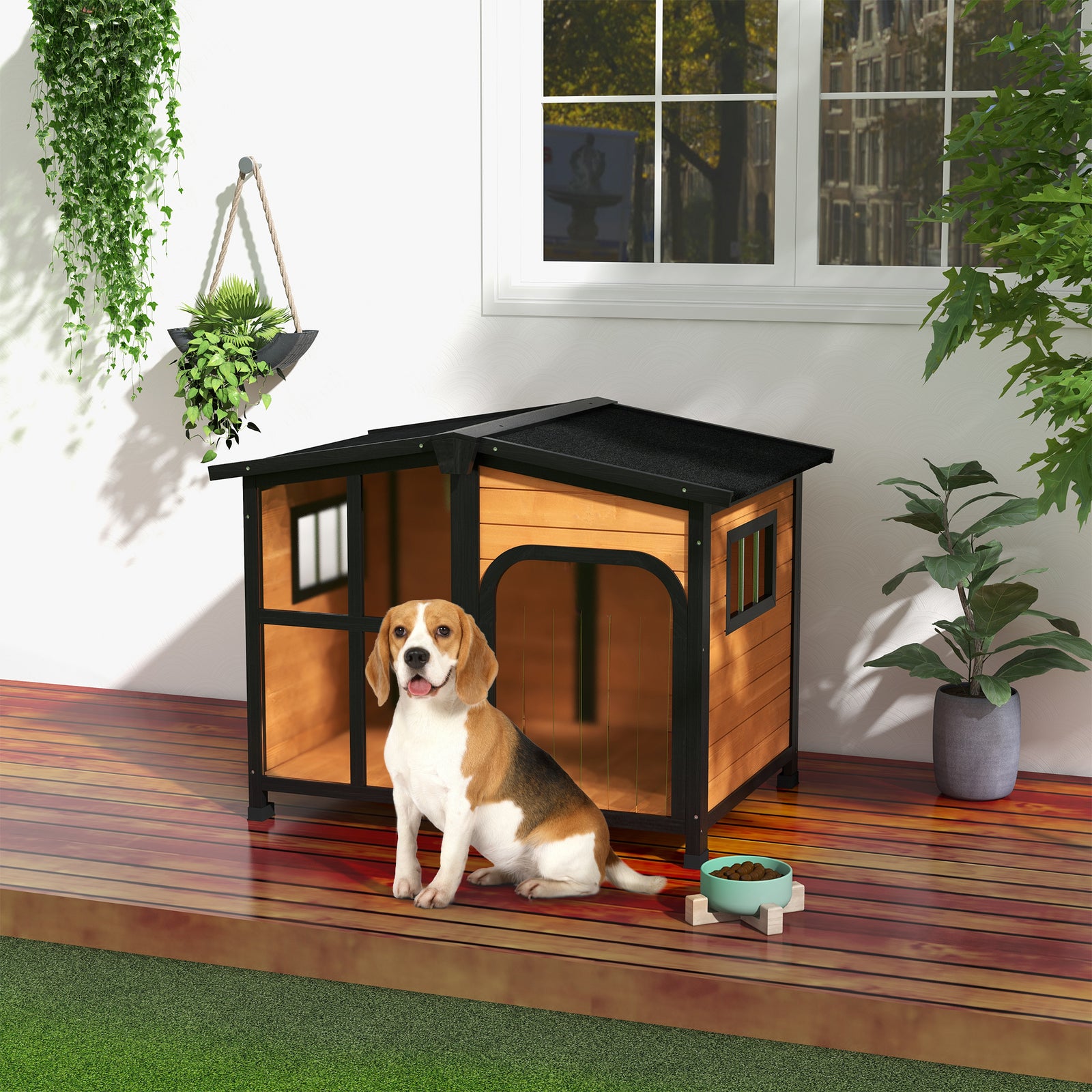 Wooden Dog Kennel with Removable Floor, Asphalt and Openable Roof, Large Window, for Large Dogs, Yellow